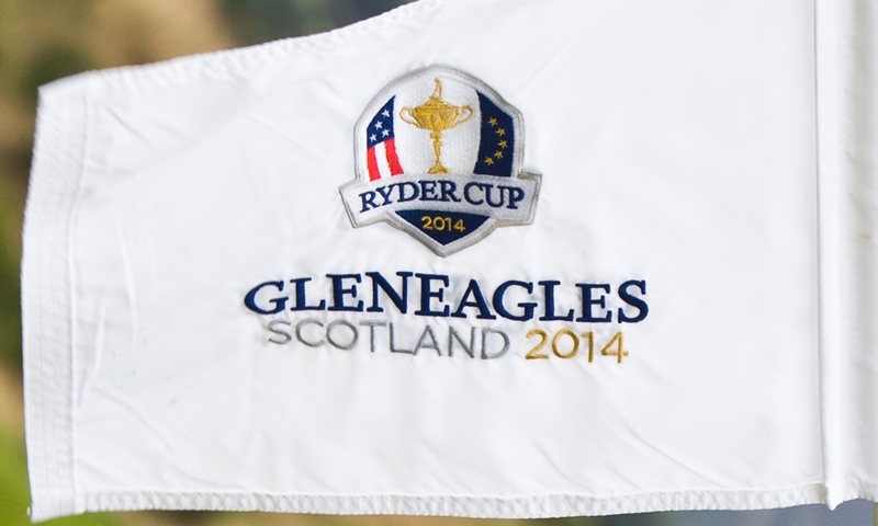 PGA Centenary Course, Gleneagles, by Auchterarder. Preperations for Ryder Cup 2014 underway at the hotel. Pictured, the newly branded flags for the event.