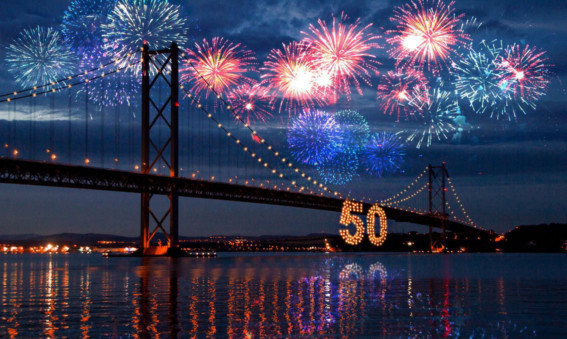 A computer generated image of the bridge during its 50th birthday.