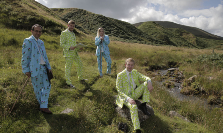 Ian Wilson, communications manager at Glasgow Science Centre, Chris Hunter, Our Dynamic Earth, Julia Mackay, STEM programmes manager at Dundee Science Centre, and Peter Nurick, Stratosphere education officer,  in Dollar Glen.