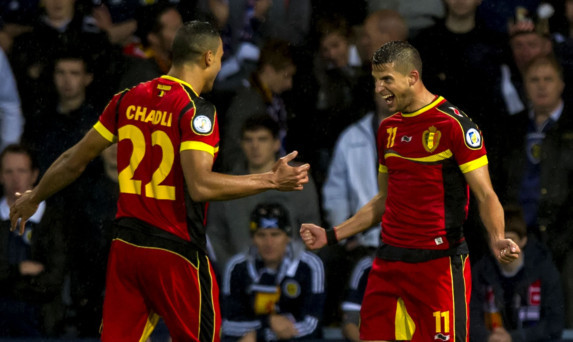 Kevin Mirallas (right) celebrates with team-mate Nacer Chadli after scoring the second goal of the game.