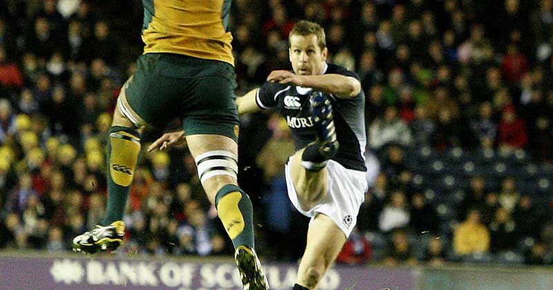 An historic image of Chris Paterson firing over a winning kick for Scotland.