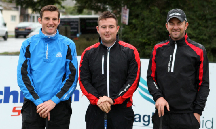 Keir McNicoll, Ryan Cardwell and Oliver Whitely on the first tee at Montrose links.