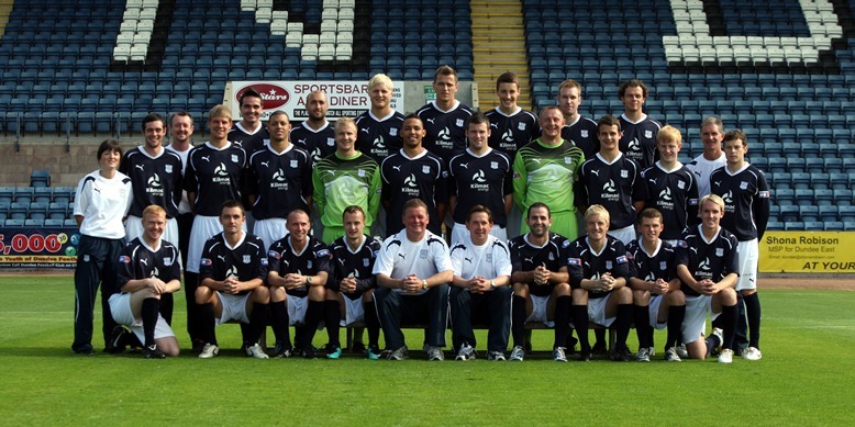 Steve MacDougall, Courier, Dens Park, Dens Road, Dundee. Dundee FC Team photocall. Pictured, the players. Back row, left to right is Sean Higgins, Paul McHale, David Witteveen, Njazi Kuqi, Craig Forsyth, Rhys Weston, Matt Lockwood. 
Middle row, left to right is Physio Karen Gibson, Stephen O'Donnell, Dr Alan Dawson, Jamie Adams, Mickael Antoine Curier, Scott Fox, Dominic Shimmin, Craig McKeown, Robert Douglas, Kyle Benedictus, Gary Bartlett, Goalkeeping Coach Bobby Geddes, Nicky Riley. 
Front row, left to right is Charlie Grant, Eric Paton, Colin McMenamin, Leigh Griffiths, Manager Gordon Chisolm, Assistant Manager Billy Dodds, Gary Harkins, Brian Kerr, Conor Rennie, Gary Irvine.