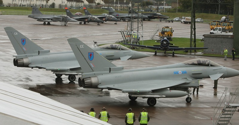 DOUGIE NICOLSON, COURIER, 10/09/10, NEWS.
DATE - Friday 10th September 2010.
LOCATION - RAF Leuchars, Fife.
EVENT - Leuchars Air Show Press Day.
INFO - Two of the new 6 Squadron Typhoons taxi in.
STORY BY - Craig, Cupar office.