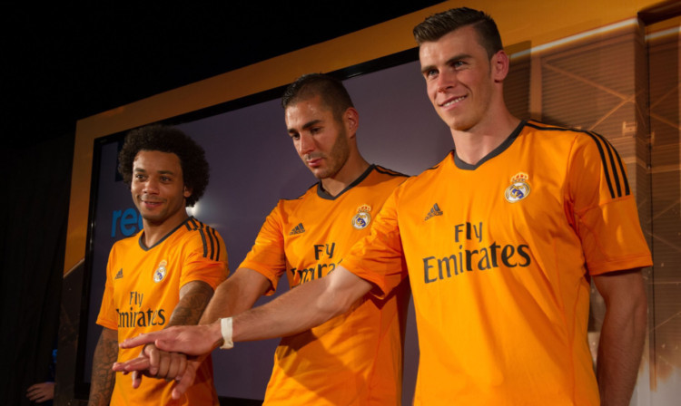 Bale with new team-mates  Marcelo and Karim Benzema.