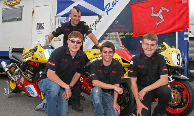 Above: Ian Pert, back, with some of the team who headed to Isle of Man, from left, Luke Richardson, Conor Cosgrove Turner and Cameron Low. Left: Conor with his Isle of Man TT Marshalls Shield.