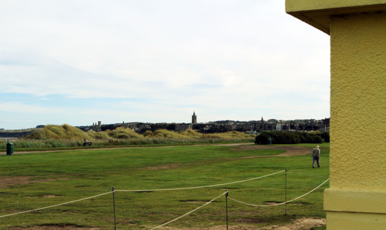 The toilet block, right, at the West Sands with St Andrews in the distance.