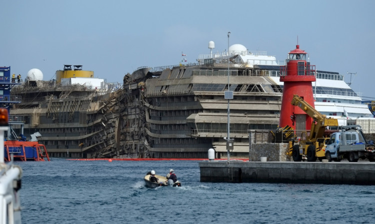 The stricken Costa Concordia is seen upright after the parbuckling operation has been succesfully completed.