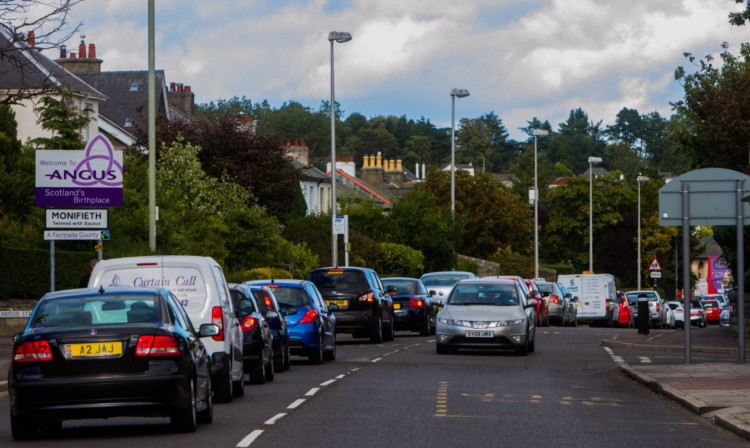 Traffic queues on Dalhousie Road, looking on to Ferry Road, due to the roadworks.