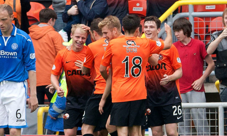 Gary Mackay-Steven, left, is congratulated after scoring Uniteds third goal against St Johnstone last month.