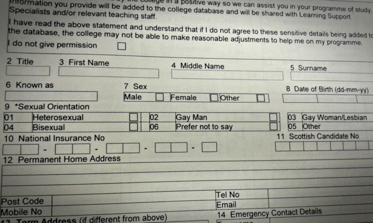 The section of the form asking about sexuality.