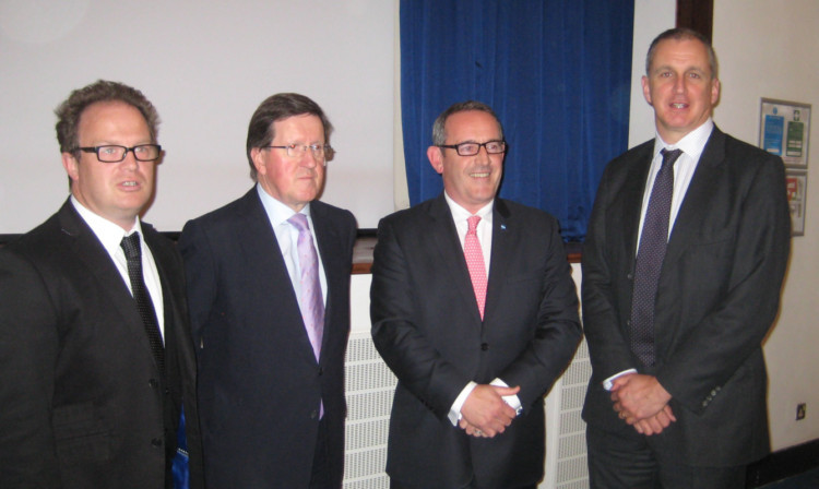 Dr Wallace McNeish, Lord Robertson, Stewart Hosie MP and Professor Nigel Seaton, principal of Abertay University, before the debate.