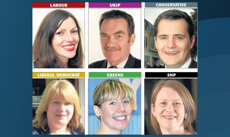 Clockwise from top left: Cara Hilton, Peter Adams, James Reekie, Shirley-Anne Somerville, Zara Kitson and Susan Leslie. No photograph of independent candidate John Black was available.