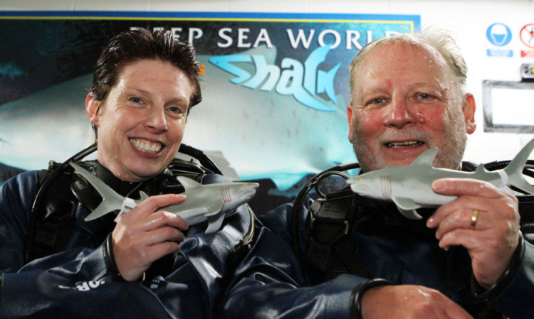 Dr Helen Dooley and AICR chief executive Norman Barratt after a swim with sharks at Deep Sea World in North Queensferry.
