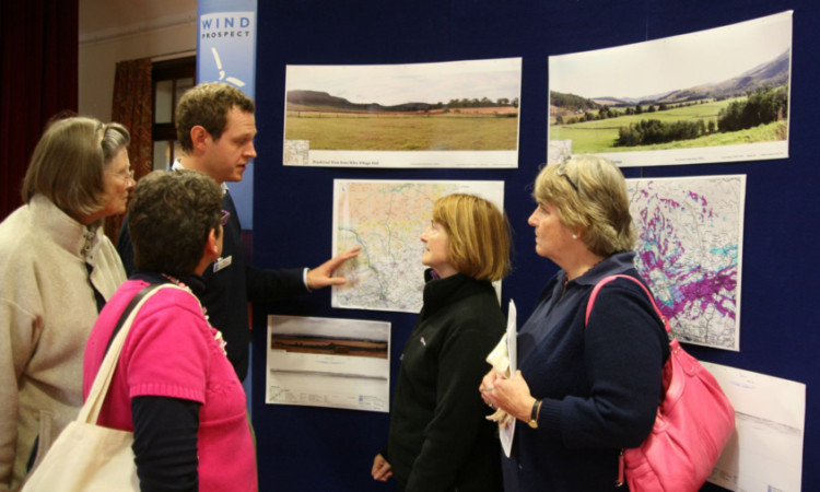 Discussing the proposed windfarm with Windprospect project manager Rory Carmichael at a public consultation in Kilry Hall are (from left) Mary Ogilvie, Liz Brown, Pippa Clegg and Tricia Brown.