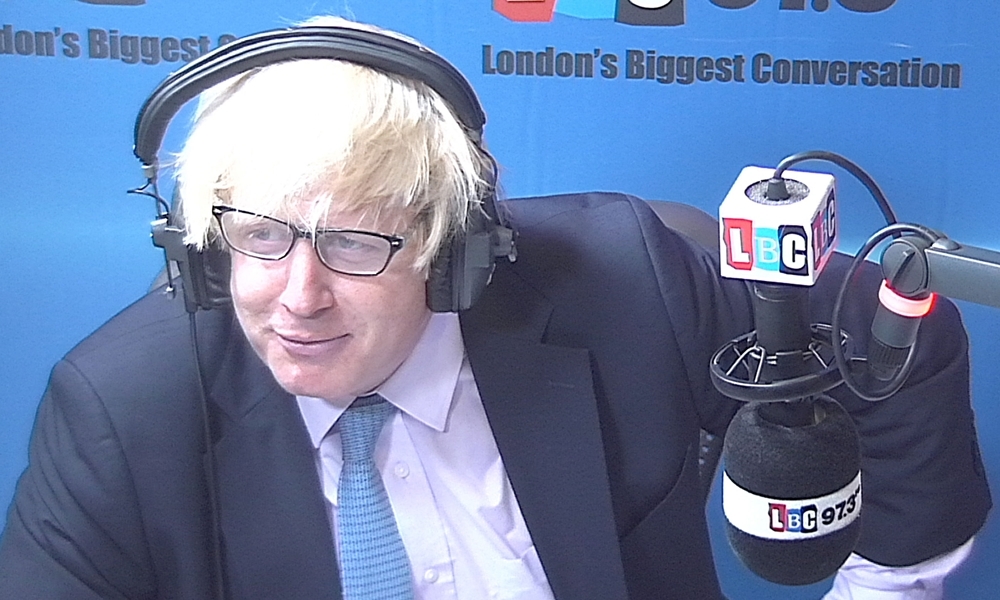 BEST QUALITY AVAILABLE
Handout photo issued by LBC of Mayor of London Boris Johnson making a spectacle of himself as he gave a public debut to his Elton John-style glasses. PRESS ASSOCIATION Photo. Issue date: Wednesday October 2, 2013. The London mayor reluctantly put on the glasses after admitting it was a "point of machismo" to avoid wearing them. The mayor said he had bought the glasses on a trip to the United States but only wore them occasionally because he did not want to depend on them. See PA story POLITICS Glasses. Photo credit should read: LBC 97.3/PA Wire

NOTE TO EDITORS: This handout photo may only be used in for editorial reporting purposes for the contemporaneous illustration of events, things or the people in the image or facts mentioned in the caption. Reuse of the picture may require further permission from the copyright holder.