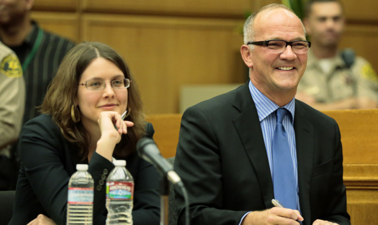 AEG Live attorneys Jessica Stebbins Bina, left, and Marvin Putnam smile during verdict polling at the conclusion of the trial.