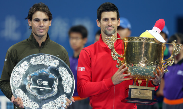 Rafael Nadal and Novak Djokovic pose for photographers at the final of the 2013 China Open.