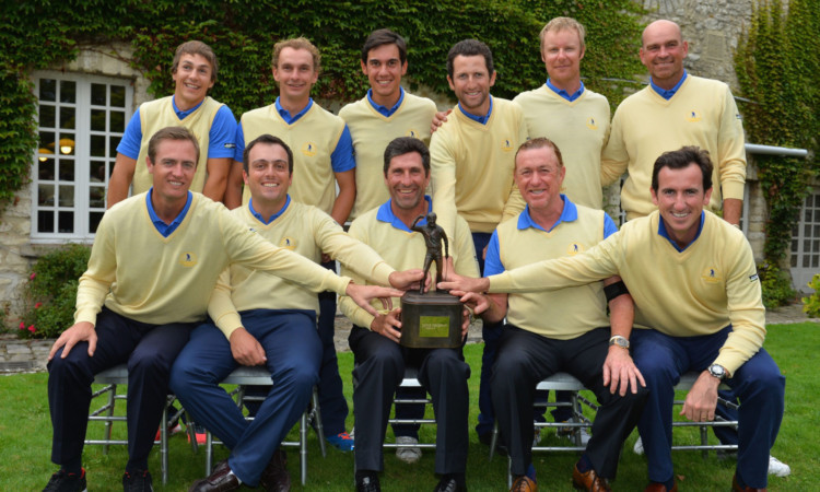 The European team celebrate winning the Seve Trophy for the first time in 13 years after Francesco Molinaris victory over Chris Wood.