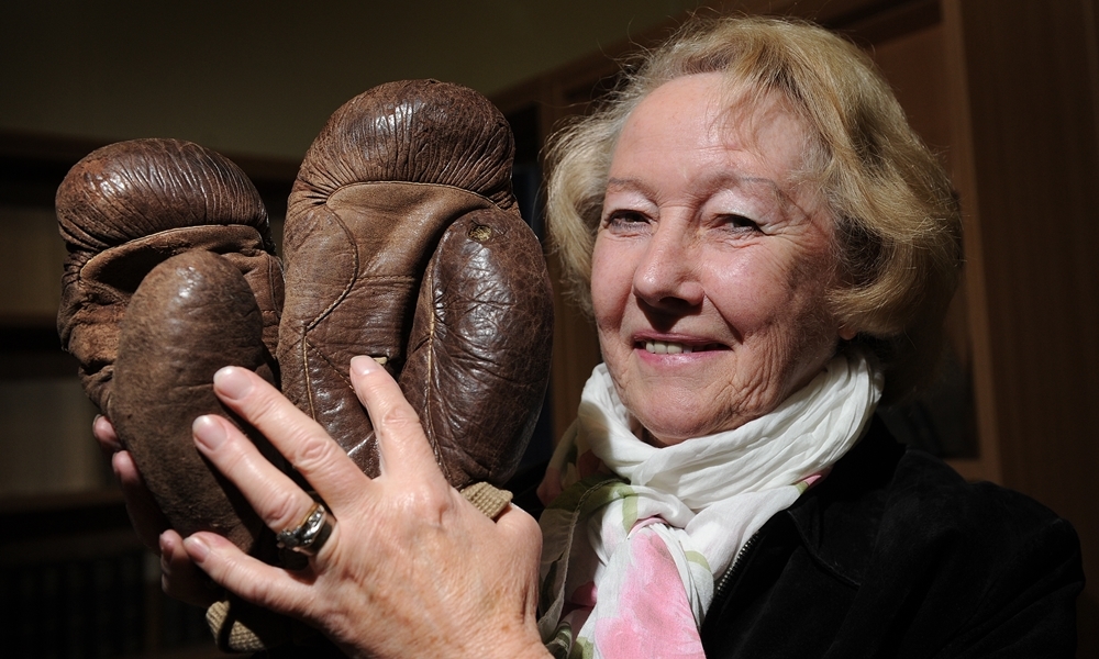 Kim Cessford - 10.10.13 - pictured in the collections unit of the McManus museum, Barrack Street, Dundee where boxing memorabilia was donated by Dorothy Vannet - Dorothy Vannet with one of the pairs of gloves - words from Andrew