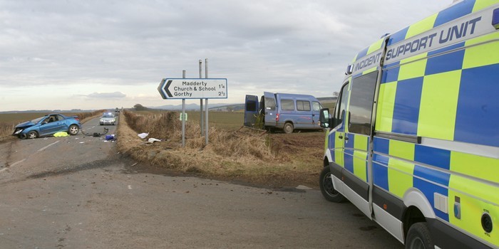 Fatal crash.   Picture today near Madderty of fatal RTA involving Peugeot and minibus.  **PLEASE BLUR/ REMOVE NUMBER PLATES.**