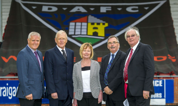 (From left) Dunfermline manager Jim Jefferies, Ian Hunter, Margaret Ross, Pars United chairman Bob Garmory and Jim Leishman are all smiles after acquiring control of the East End Park club in 2013.