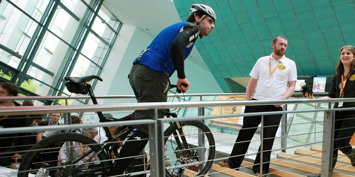 Bob Douglas, Courier. Celebrity cyclist Mark Beaumont, left, endures the price of fame with a photo shoot at the Mountain Bike Conference in the Perth Concert Hall.