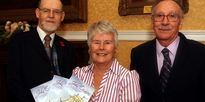 John Stevenson, Courier,28/10/10.Fife.Dunfermline,City Chambers.book launch of John Orrason,Adventures of a Social Castaway.Pic shows l/r Iain wilkinson(booillustrator),Dr Jean Barclay(editor),Clive Willcocks(DHPC Publications Committee).