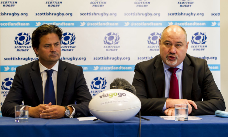 Scottish Rugby Chief Executive Mark Dodson (right) joins viagogo Global Head of Communications Oliver Wheeler to announce their three-year partnership.