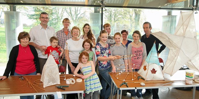 Kim Cessford, Courier - 30.10.10 - families joined local artists to create willow lanterns and sculptures for Dundee's 'Light Night Extravaganza' in the Baxter Park Glass Pavilion - an event supported by The Friends of Baxter Park - pictured with some of their creations are some of the people who attended with the artists