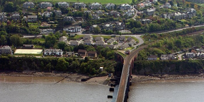 Aerial view of Wormit, showing the Tay Rail Bridge.