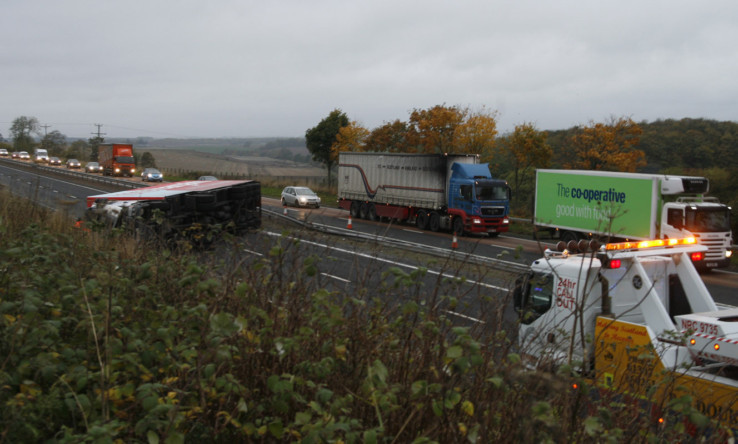 The toppled lorry completely closed the southbound carriageway.