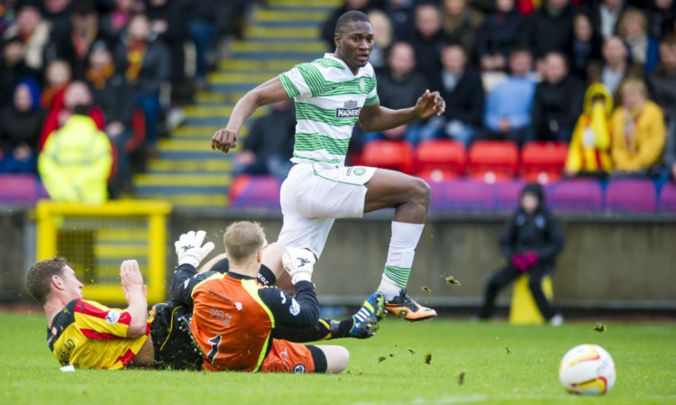 Celtic's Amido Balde (right) gets the better of Aaron Muirhead (left) and Scott Fox.