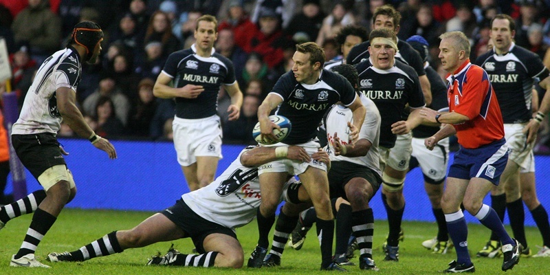 Rugby, Scotland v Fiji.     Mike Blair on the attack