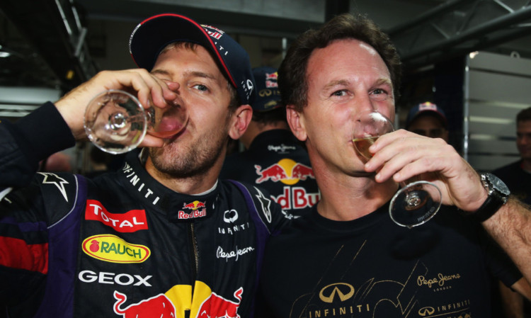 Champagne time for Sebastian Vettel and Christian Horner.