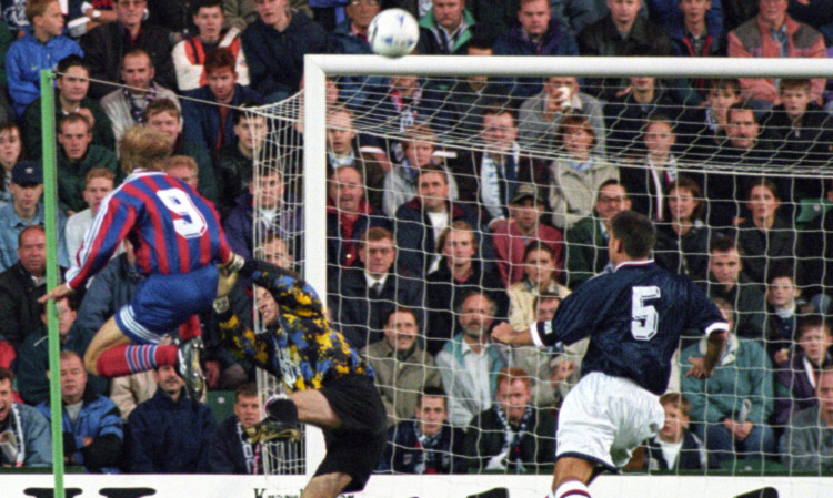 Jurgen Klinsmann (9) knocks the ball into the Raith Rovers net to score for Bayern Munich back in October 1995.