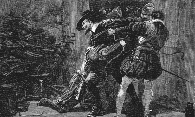 A drawing depicting the arrest of Guy Fawkes during the Gunpowder Plot.