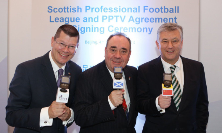 Sealing the deal, from left: Neil Doncaster, First Minister Alex Salmond and Peter Lawwell.