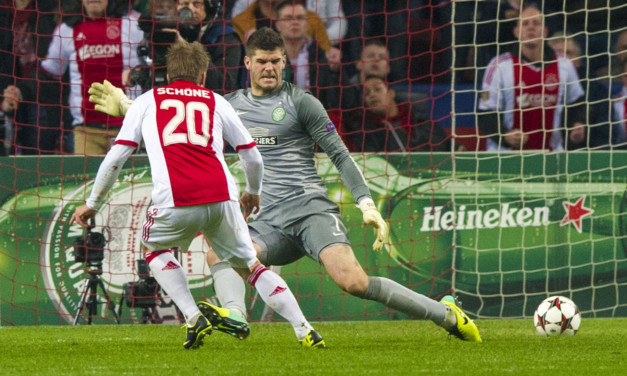 Lasse Schone slots past Fraser Forster to put Ajax ahead.