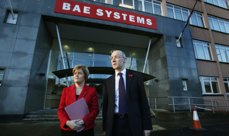 Deputy First Minister Nicola Sturgeon and Finance Secretary John Swinney at BAE Systems in Scotstoun.