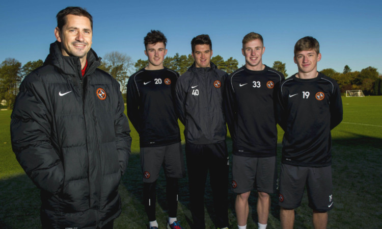 Jackie McNamara with youngsters, from left, John Souttar, Darren Petrie, Euan Spark and Ryan Gauld.