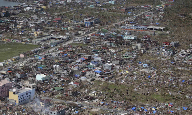 An aerial shot from a Philippine Air Force helicopter shows the devastation in Guiuan, Eastern Samar province, central Philippines.