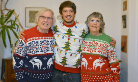 Ben with grandparents Ken and Jen sporting the risque jumpers.