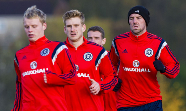 Kris Boyd (right) with Dundee United's Gary Mackay-Steven and Stuart Armstrong in Scotland training before the squad headed off for Norway.