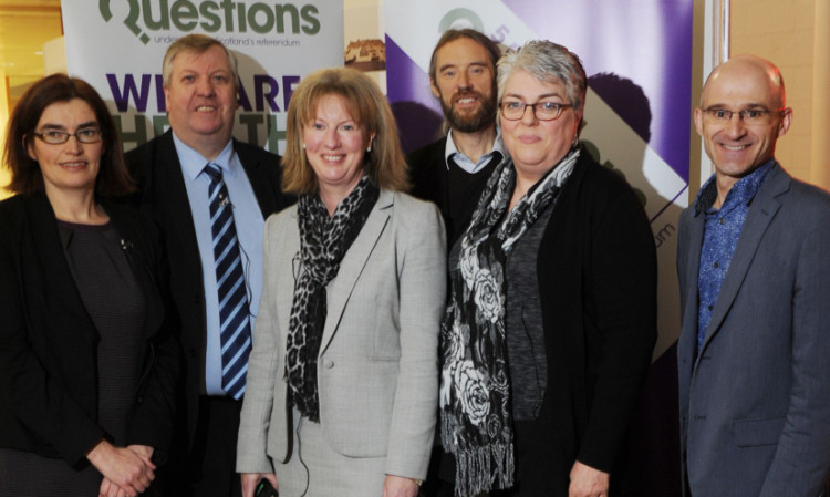 The panel for the Five Million Questions event (from left) Dr Nicola McEwen, Michael McMahon MSP, Shona Robison MSP, John Dickie, Mary Kinninmonth and Edward Hall.