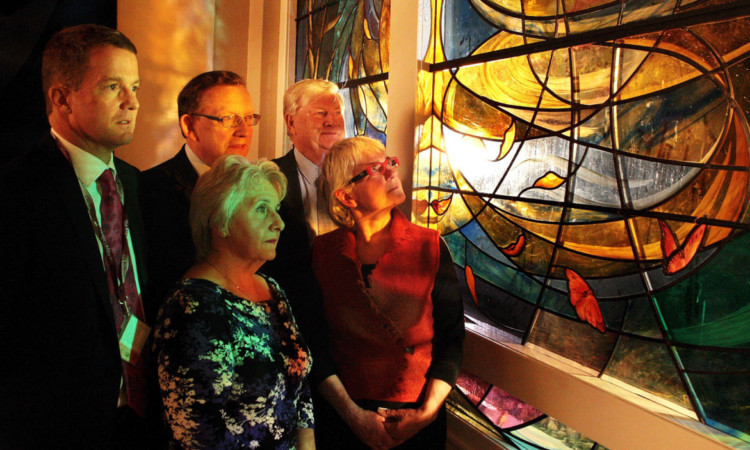 Dr Stephen Cole, NHS Tayside chairman Sandy Watson, Alex Stephen of REVIVAL and (front) Marie Hebden and stained glass artist Liz Rowley.