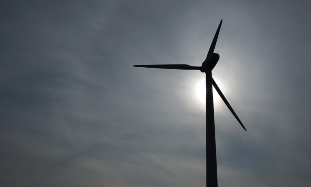 Kris Miller, Courier, 04/03/13. Picture today at Methil shows the wind turbine at Methil docks. Plans to build a turbine, five times the size of this one have been submitted. **Sky left at top of pic as requested.