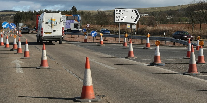 Roadworks at the A90 / A937 junction which is being upgraded but not having a flyover created.  A90 trunk road at Laurencekirk where the A937 Montrose road crosses.