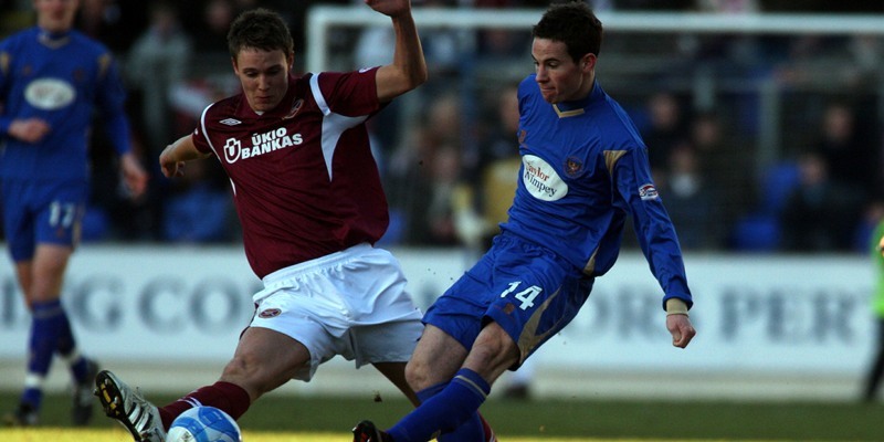 Football, St Johnstone v Hearts.    Pictured, left is Eggert Jonsson (Hearts) and right is Kevin Moon (Saints).