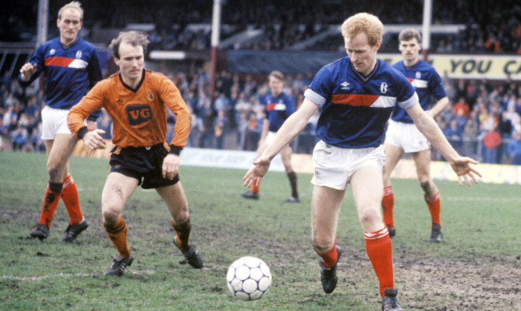 John Brown on the ball in the 1987 Scottish Cup derby as Eammon Bannon and Jim Duffy look on.